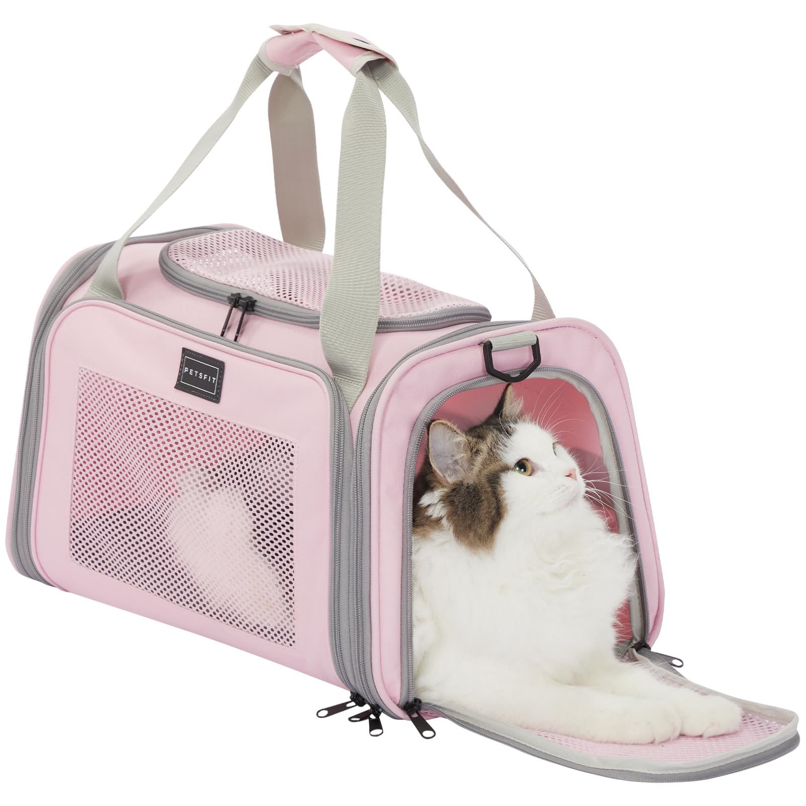 Petsfit ペットキャリーバッグ 猫小型犬対応 猫キャリーバッグ 折りたたみ 軽量通気性メッシュ 手提肩掛けスーツケース 飛び出し防止リード付き 旅行／通院／災害避難／電車移動に ピンク Sサイズ 0