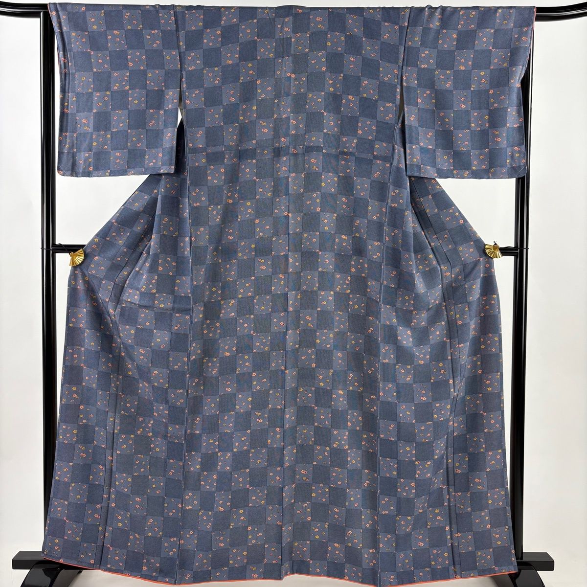 在庫一掃】 【美品】 小紋 身丈163cm 裄丈65.5cm M 袷 市松模様 梅 青