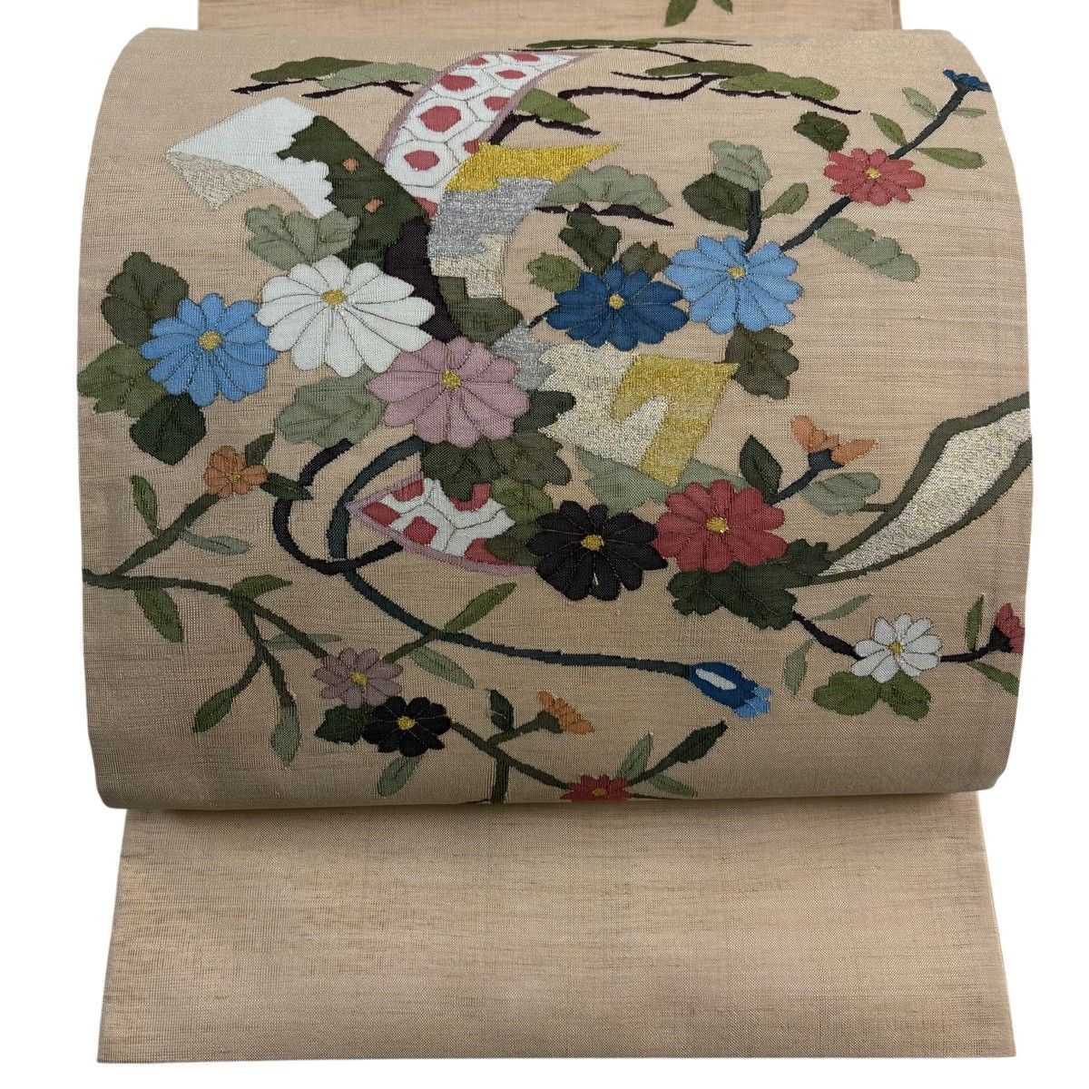 【在庫一掃】 袋帯 逸品 菊 束ね熨斗 金糸 綴れ ベージュ お太鼓柄 正絹 【中古】