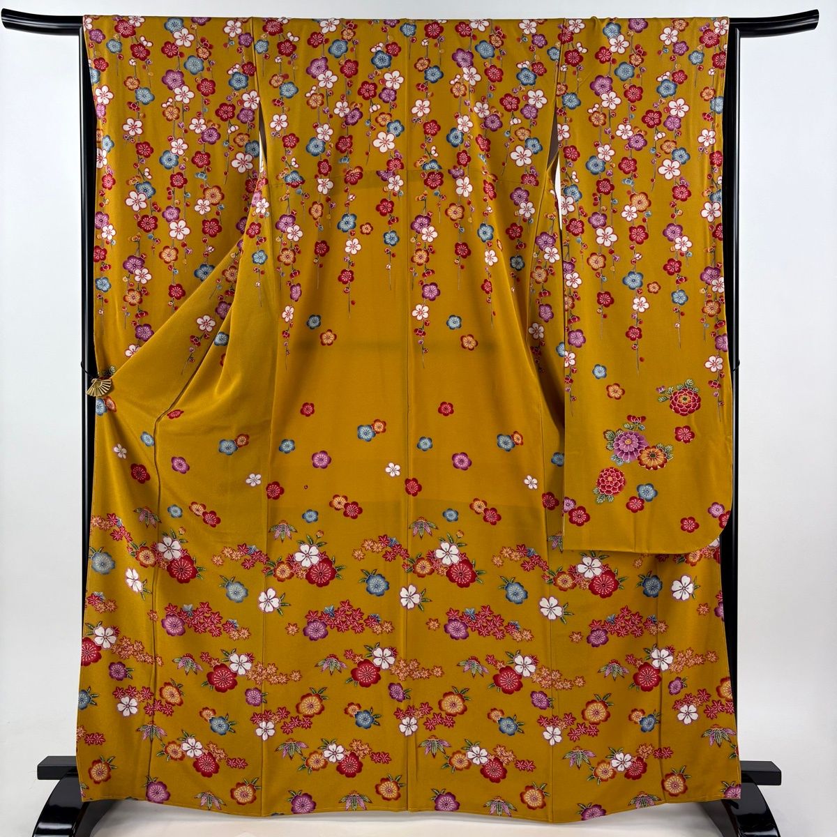 在庫一掃】 【美品】 振袖 身丈167cm 裄丈66cm M 袷 枝梅 桜 縮緬 山吹