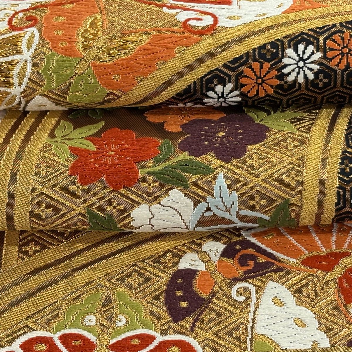 在庫一掃】 袋帯 逸品 河合美術織物 落款 蝶 草花 金糸 唐織 黒 六通