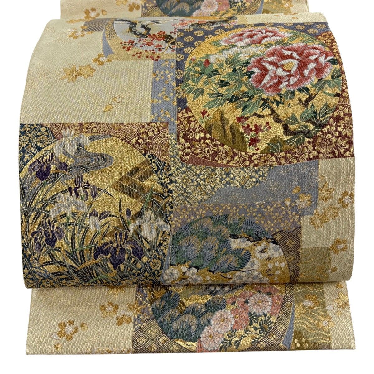 【在庫一掃】 【美品】 袋帯 逸品 となみ織物 落款 色紙 花鳥 金糸 箔 ベージュ 六通 正絹 【中古】
