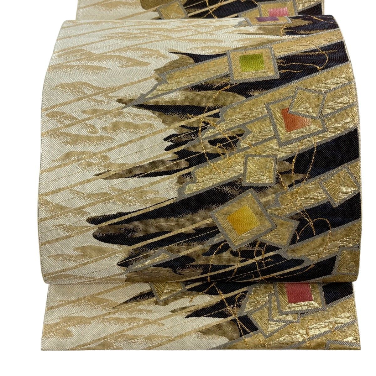 【在庫一掃】 【美品】 袋帯 逸品 幾何学 箔 クリーム 全通 正絹 【中古】