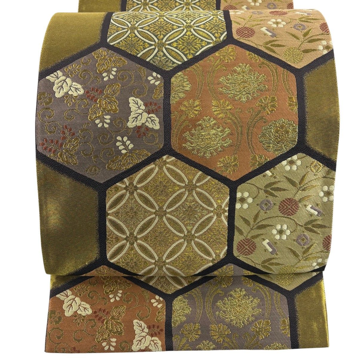 在庫一掃】 【美品】 袋帯 名品 落款 本家加納 亀甲 草花 金糸 箔 金色