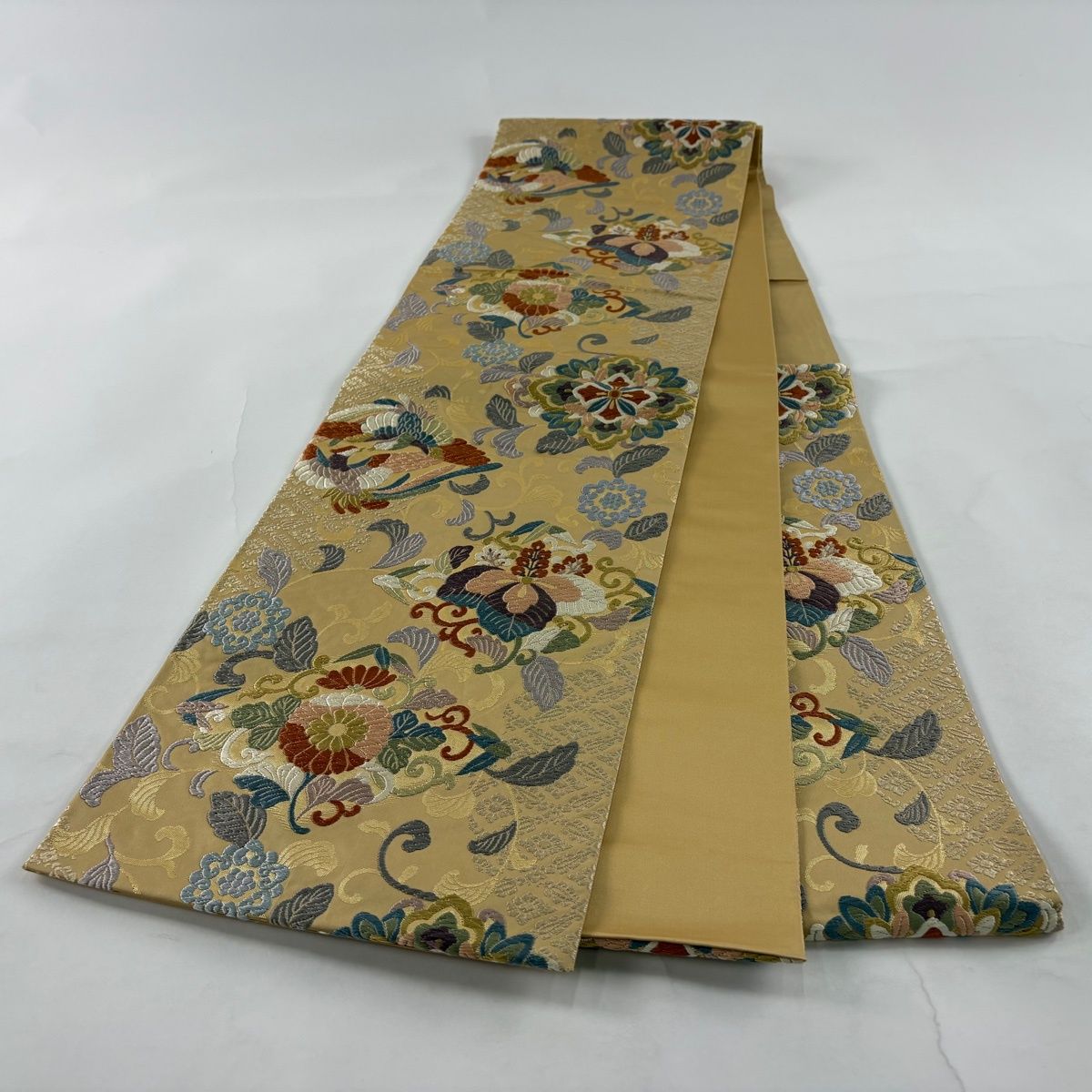 在庫一掃】 【美品】 袋帯 名品 桐 鳳凰 唐織 箔 ベージュ 六通 正絹