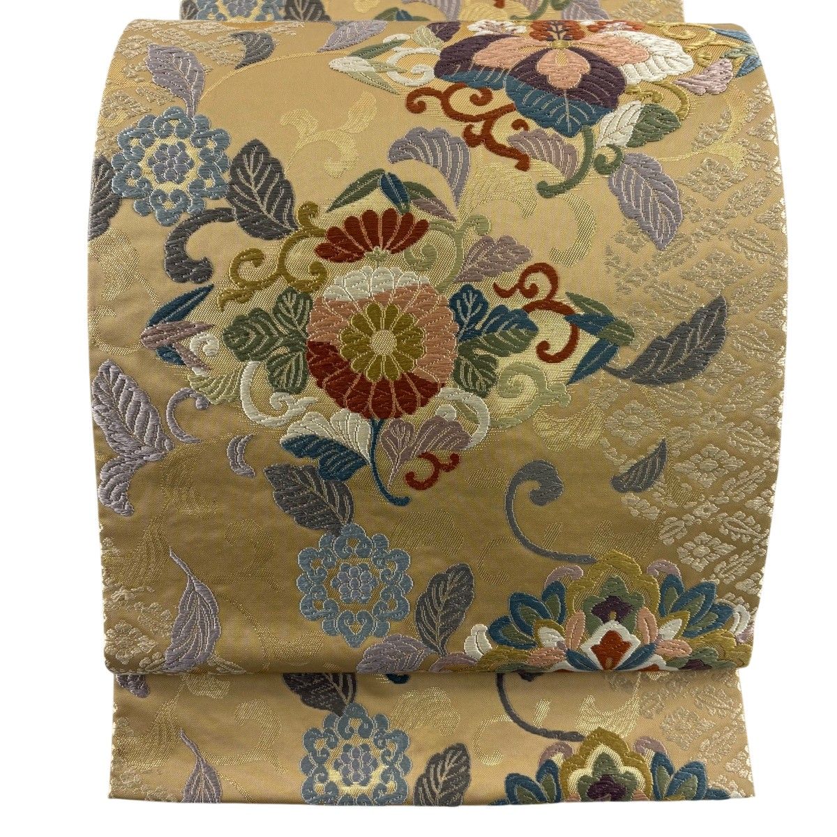 在庫一掃】 【美品】 袋帯 名品 桐 鳳凰 唐織 箔 ベージュ 六通 正絹