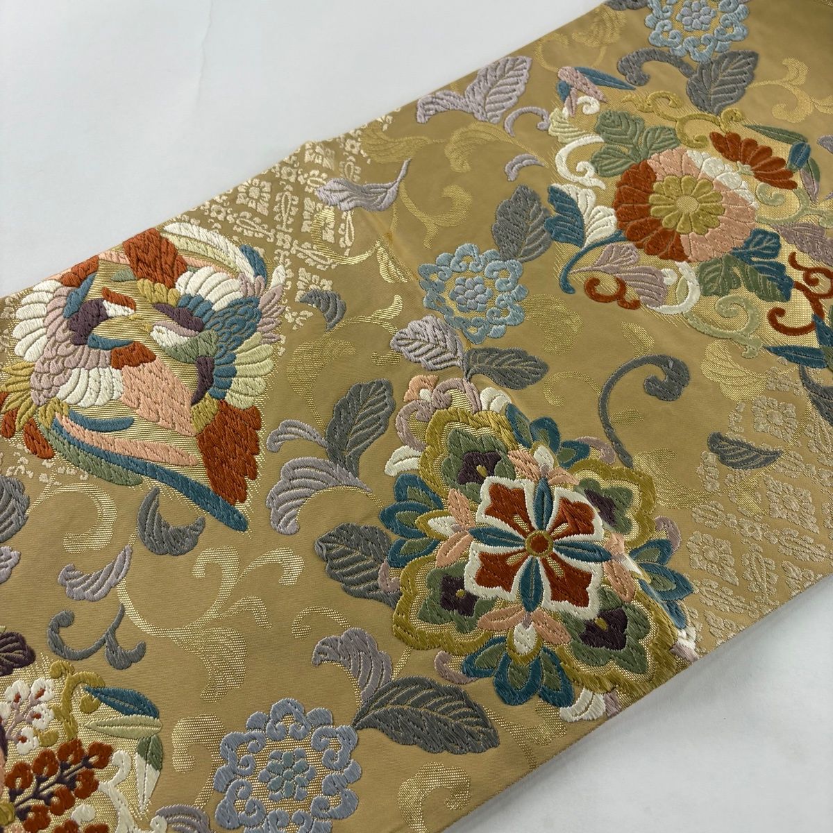 在庫一掃】 【美品】 袋帯 名品 桐 鳳凰 唐織 箔 ベージュ 六通 正絹