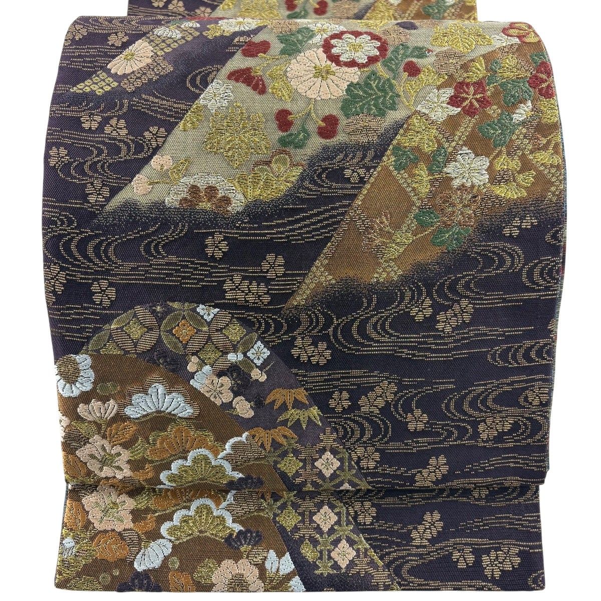 在庫一掃】 【美品】 袋帯 名品 草花 流水 金糸 箔 紫 お太鼓柄 正絹