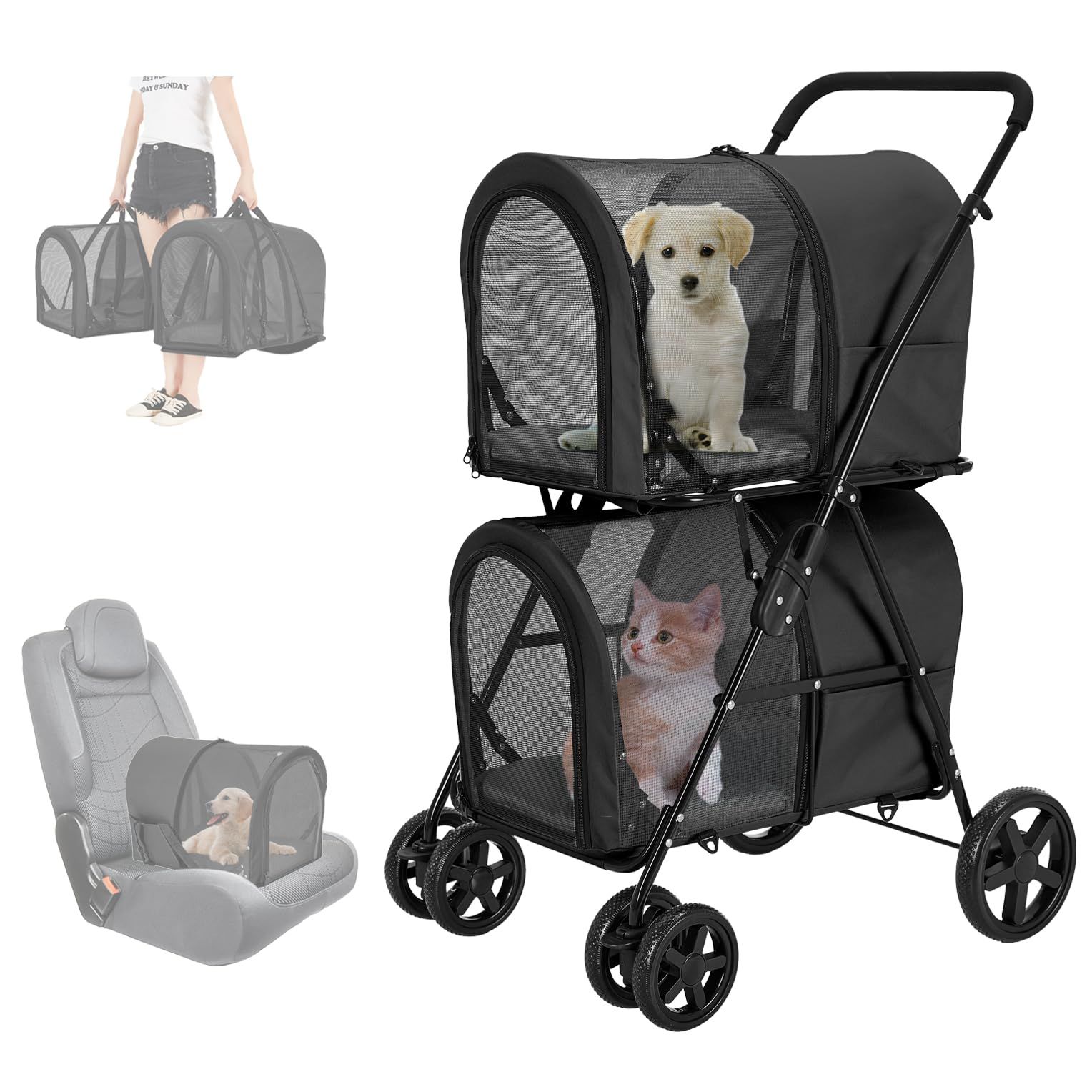 LPOTIUS ペットカート 多頭 上下2段式 分離型 ペットバギー 折りたたみ 軽量 犬用ベビーカー コンパクト収納 ペットキャリーバッグ 4輪 前輪360°回転 後輪ブレーキ付き 小型犬 中型犬 犬猫兼用 耐荷重20KG 上段10KG 下段10KG 多 1