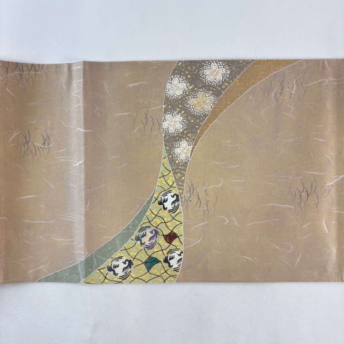 在庫一掃】 【美品】 袋帯 名品 やまと 桜 鳥 螺鈿箔 箔 ベージュ