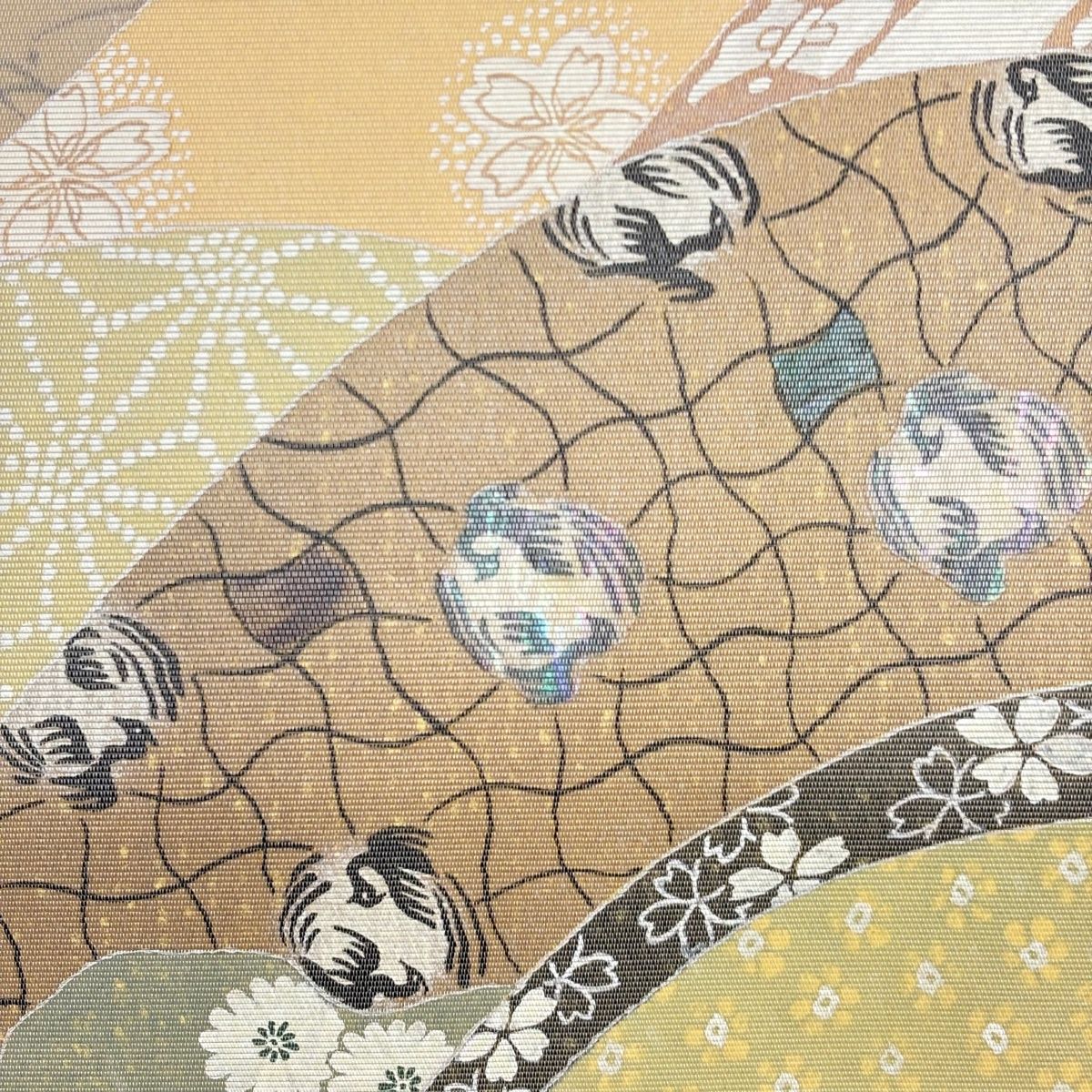 在庫一掃】 【美品】 袋帯 名品 やまと 桜 鳥 螺鈿箔 箔 ベージュ