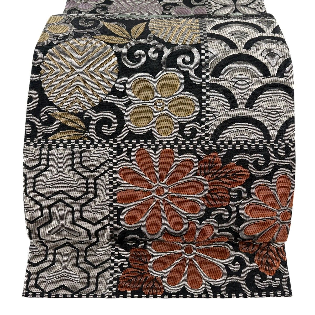 在庫一掃】 【美品】 袋帯 名品 菊 有職文様 銀糸 ラメ糸 黒 六通 正絹