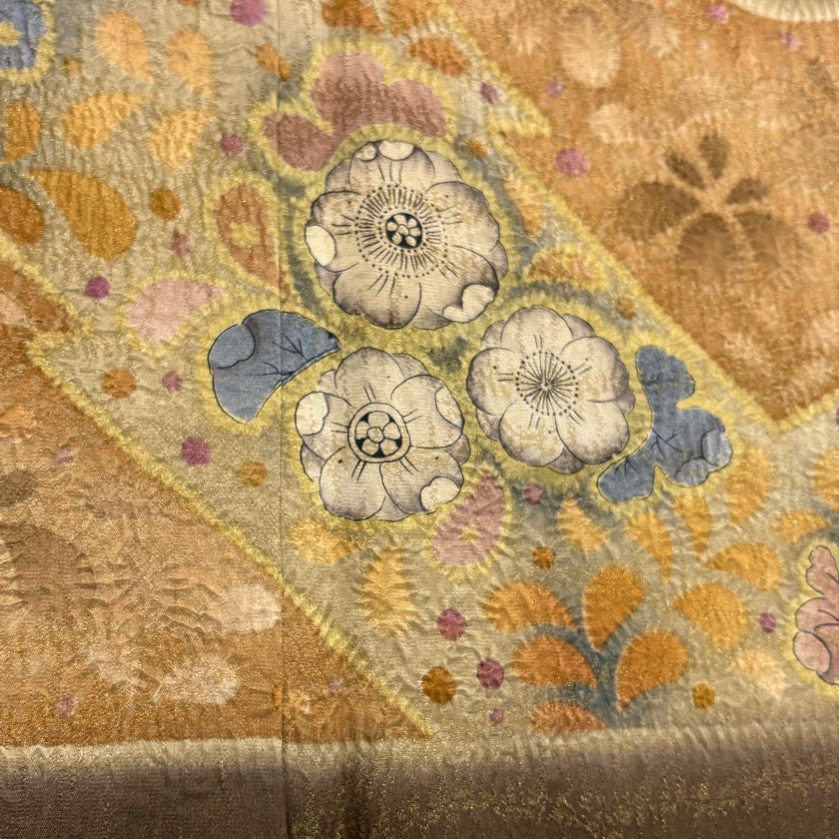 訪問着 名品 辻が花 銀通し 金彩 薄茶色 袷 159cm 64cm M 正絹 【中古 