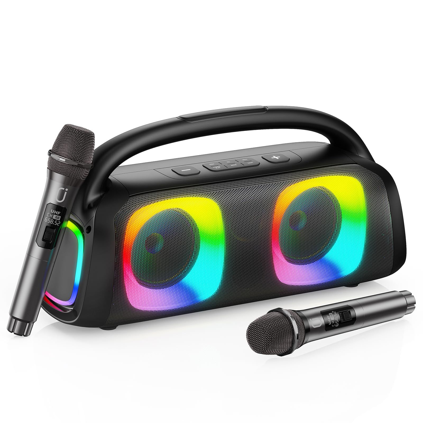 JYX スピーカーセット 拡声器 ワイヤレスマイク２本 Bluetooth 5.0対応 高低音強化機能搭載 充電式 ポータブル ホームパーティー、カラオケ、街頭スピーチ、会議 、学校行事、セミナー、室外、防災、路上ライブ、イベントなどに適用 (グレー) 1