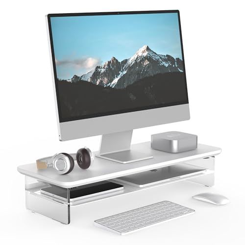 Fenge モニター台 モニタースタンド 卓上 机上台 パソコン台 PC台 机上ラック 60cm横幅 2段 木製天板 アクリル製脚 デスクトップ用 机上 モニタースタンド 机上台 pcモニター台 パソコンラック 卓上 収納 整理整頓 ホワイトG04Y206 1