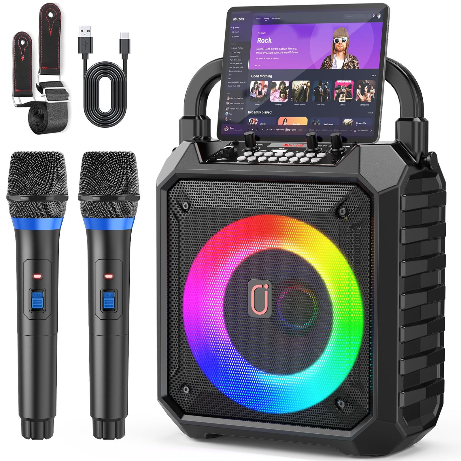 スピーカーセット JYX カラオケセット 家庭用 拡声器 ワイヤレスマイク ２本 Bluetooth 5.1 小型 PAセット 小型 カラオケマシン ポータブルスピーカー SDカード USB AUX Android 対応 ホームパーティー／会議／スピーチ／ 1