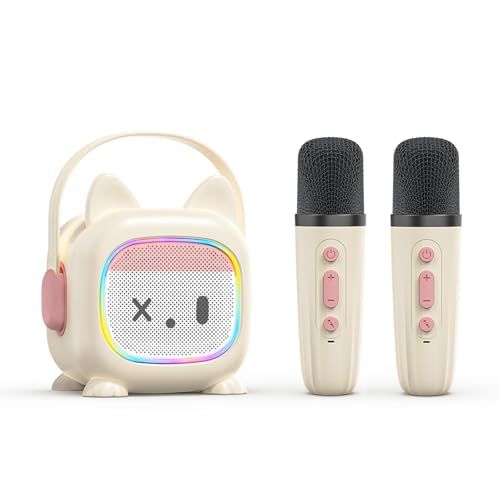 MonoKi カラオケセット かわいらしい外観デザイン Bluetooth5.3 スピーカー ワイヤレス マイク 2本 録音機能と親子のインタラクティブ機能がある 伴奏機能付き カラオケ家庭用 PAセット karaoke RGB LEDライト 家庭の集まり 1
