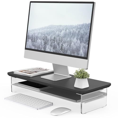 Fenge モニター台 モニタースタンド 卓上 机上台 パソコン台 PC台 机上ラック 60cm横幅 2段 木製天板 アクリル製脚 デスクトップ用 机上 モニタースタンド 机上台 pcモニター台 パソコンラック 卓上 収納 整理整頓 ブラックG04Y206 1