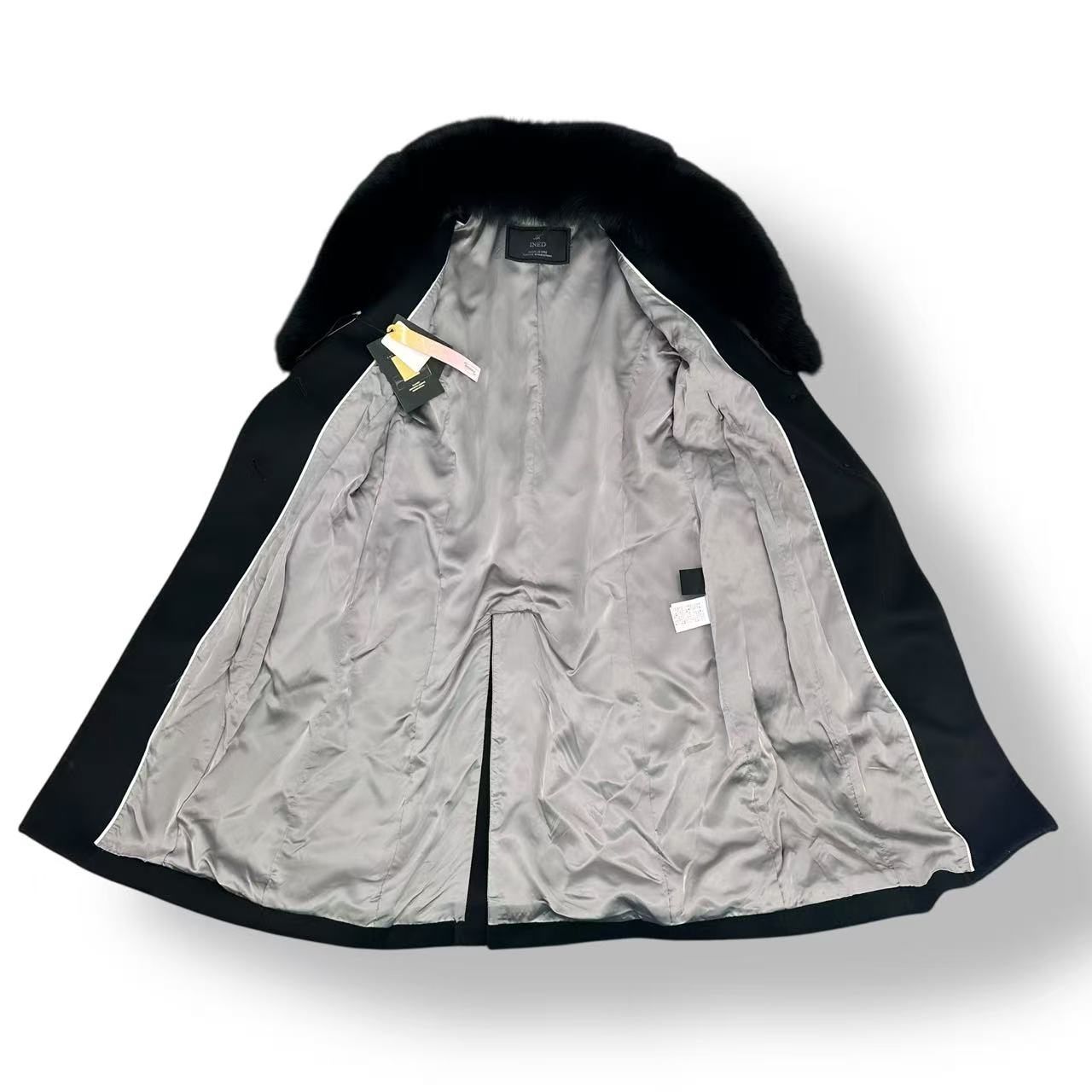 未使用品 INED イネド カシミヤ ベルト コート ファー付き ブラック