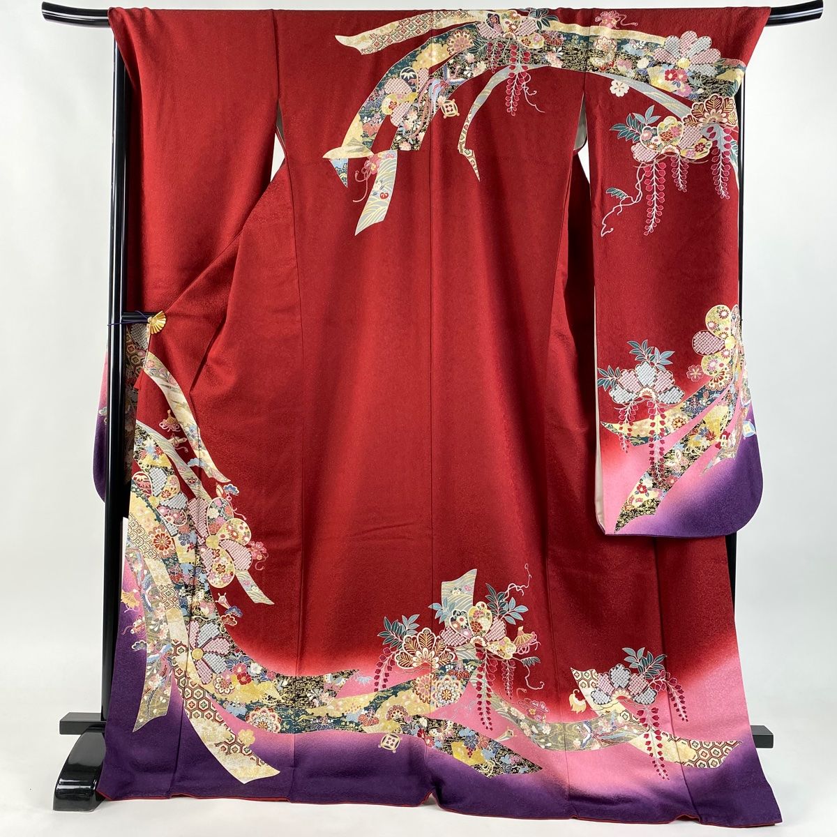 【在庫一掃】 【美品】 振袖 身丈175cm 裄丈71cm L 袷 熨斗 草花 銀通し 金銀彩 えんじ色 正絹 逸品 【中古】