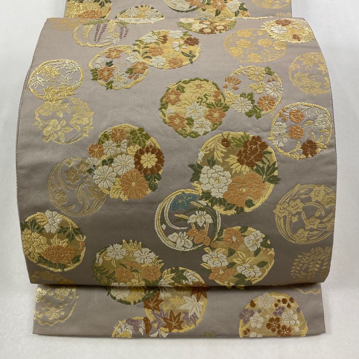 【在庫一掃】 袋帯 逸品 服部織物 落款 青々庵 花丸文 楓 箔 灰色 六通 正絹 【中古】