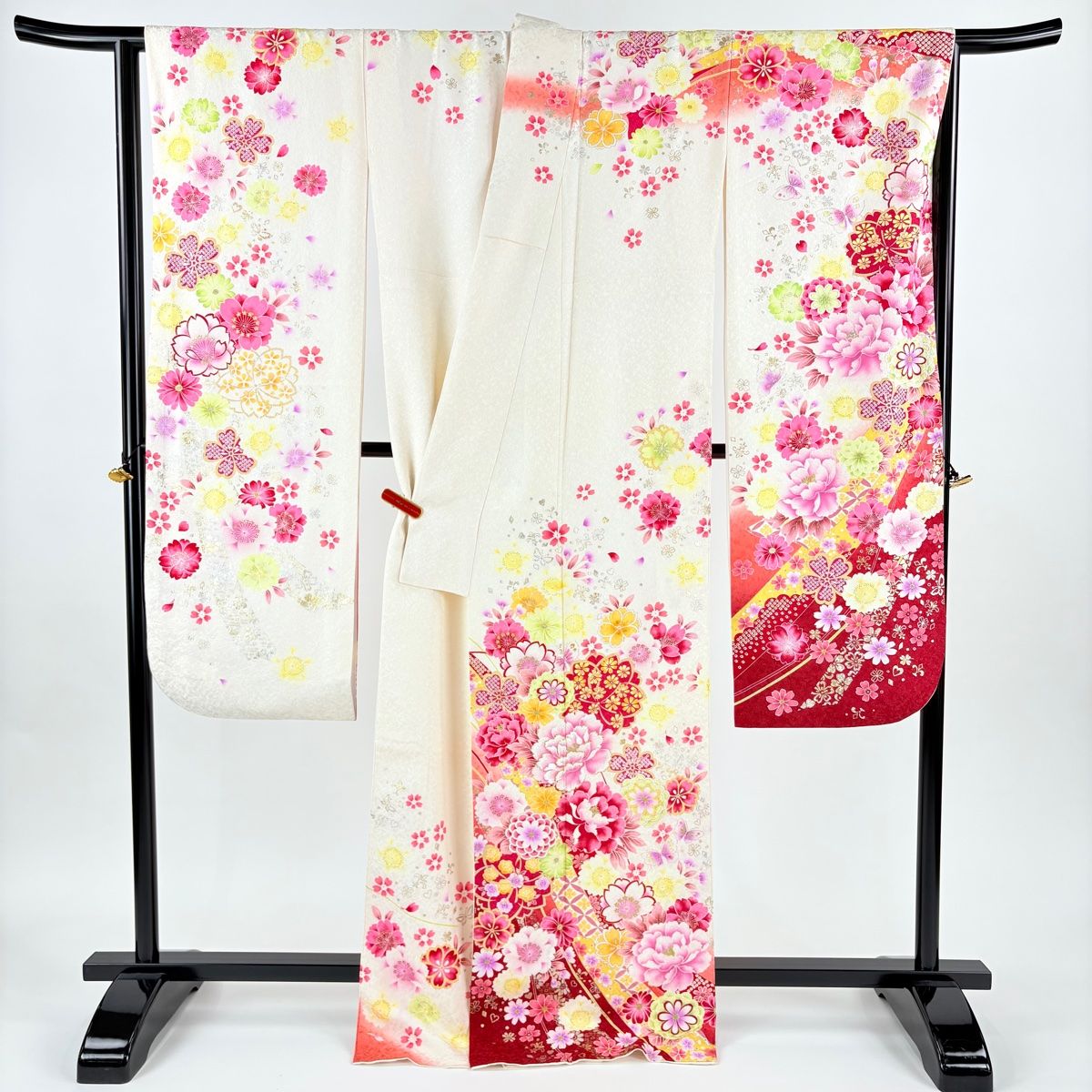 在庫一掃】 振袖 身丈169.5cm 裄丈68.5cm L 袷 牡丹 桜 銀通し 金銀彩