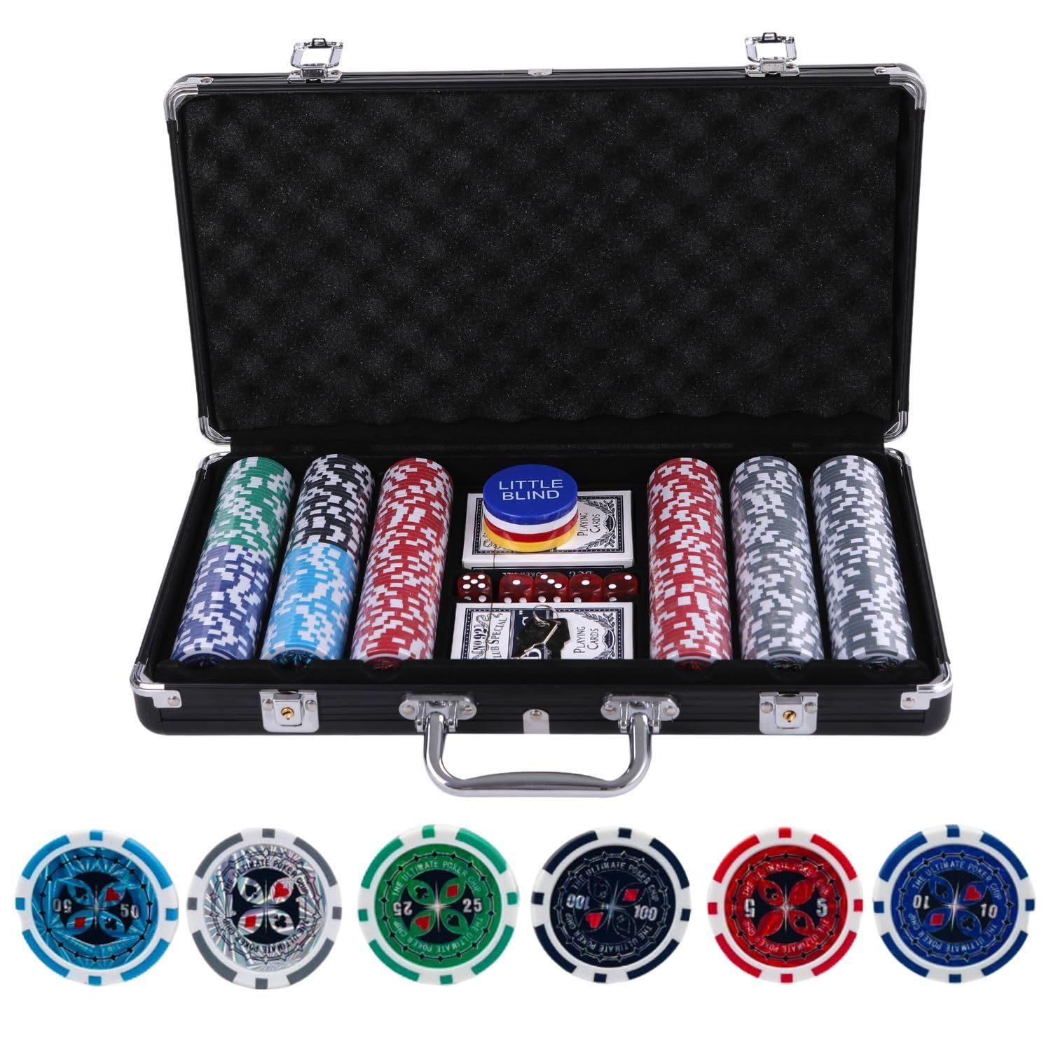 カジノセット ポーカーセット 【本格的なポーカー体験を貴方に】 カジノチップ チップ ポーカーチップ 麻雀チップ カジノ ポーカー 麻雀 ゲームチップ 5色 100枚 200枚 300枚 500枚 (数字あり-ブラックアルミケース付-300枚) 0