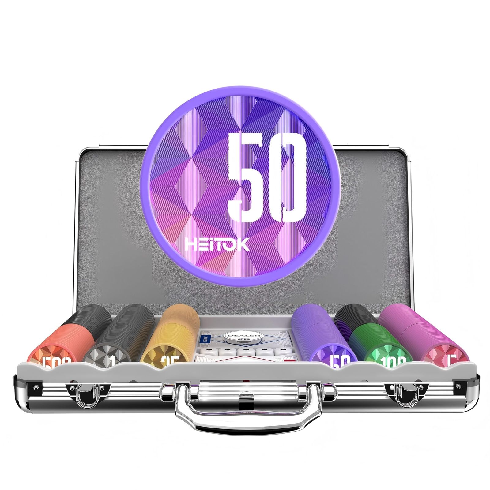 HEITOK 300ピース ポーカーチップセット - 11.5g 重量級 番号付きチップ（額面付き）、アルミケース、カード2組、メタルディーラーボタン、プロ仕様 テキサスホールデム カジノセット 大人向け 0