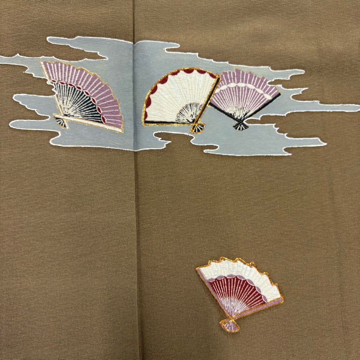 在庫一掃】 付下げ 身丈168cm 裄丈64cm M 袷 扇 霞 金糸 金彩 茶色