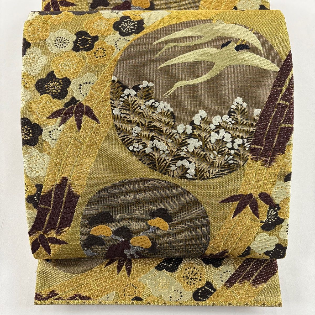 【在庫一掃】 袋帯 逸品 鶴 松竹梅 金糸 箔 金色 六通 正絹 【中古】