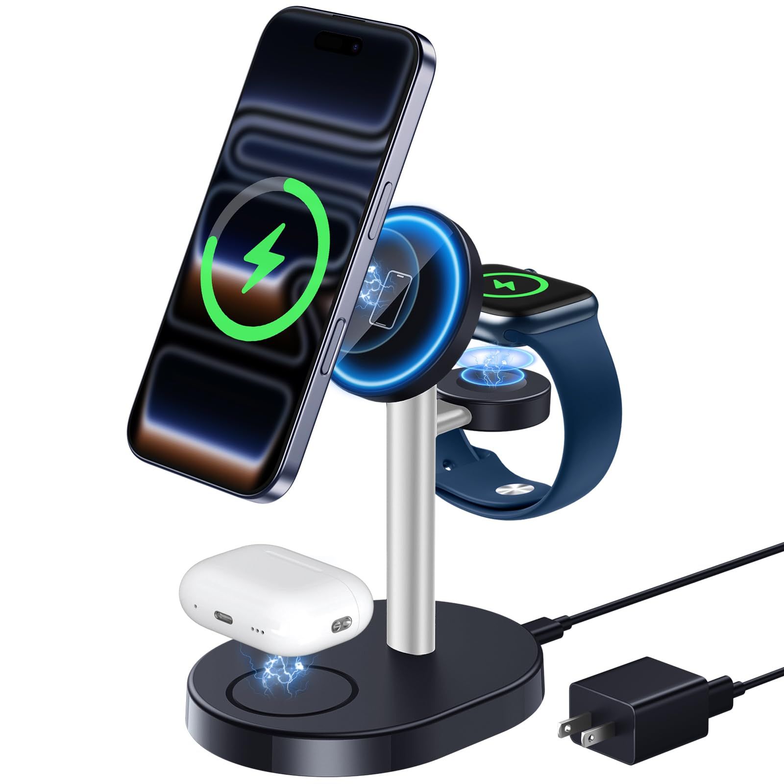 Hevanto 2026 MagSafe充電器 3in1 ワイヤレス充電器 Qi認証 極小 15W急速充電スタンド iPhone 17／17e／16／15／14／13／12 Watch AirPods対応 マグセーフ充電器 3台同時充電 まぐせいふ強力磁気 0