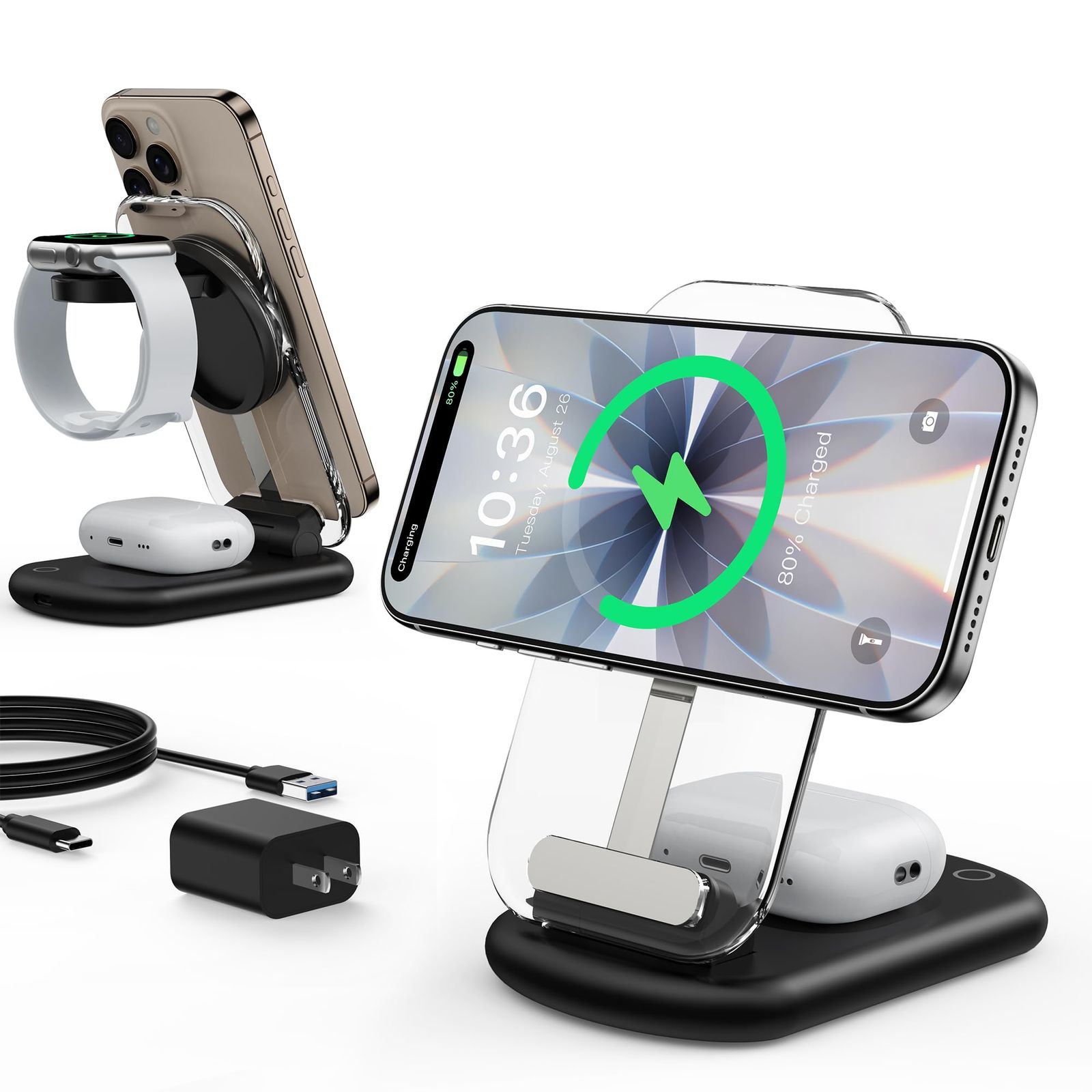 Mukiya 3in1充電器 ワイヤレス充電器 MagSafe充電器 - 折り畳み式 雰囲気ライト付き iPhone／Apple Watch／Airpodsに対応 マグセーフ充電器 3台同時充電 角度調整可能 マルチ充電スタンド マグネット式 旅行用 自宅 0