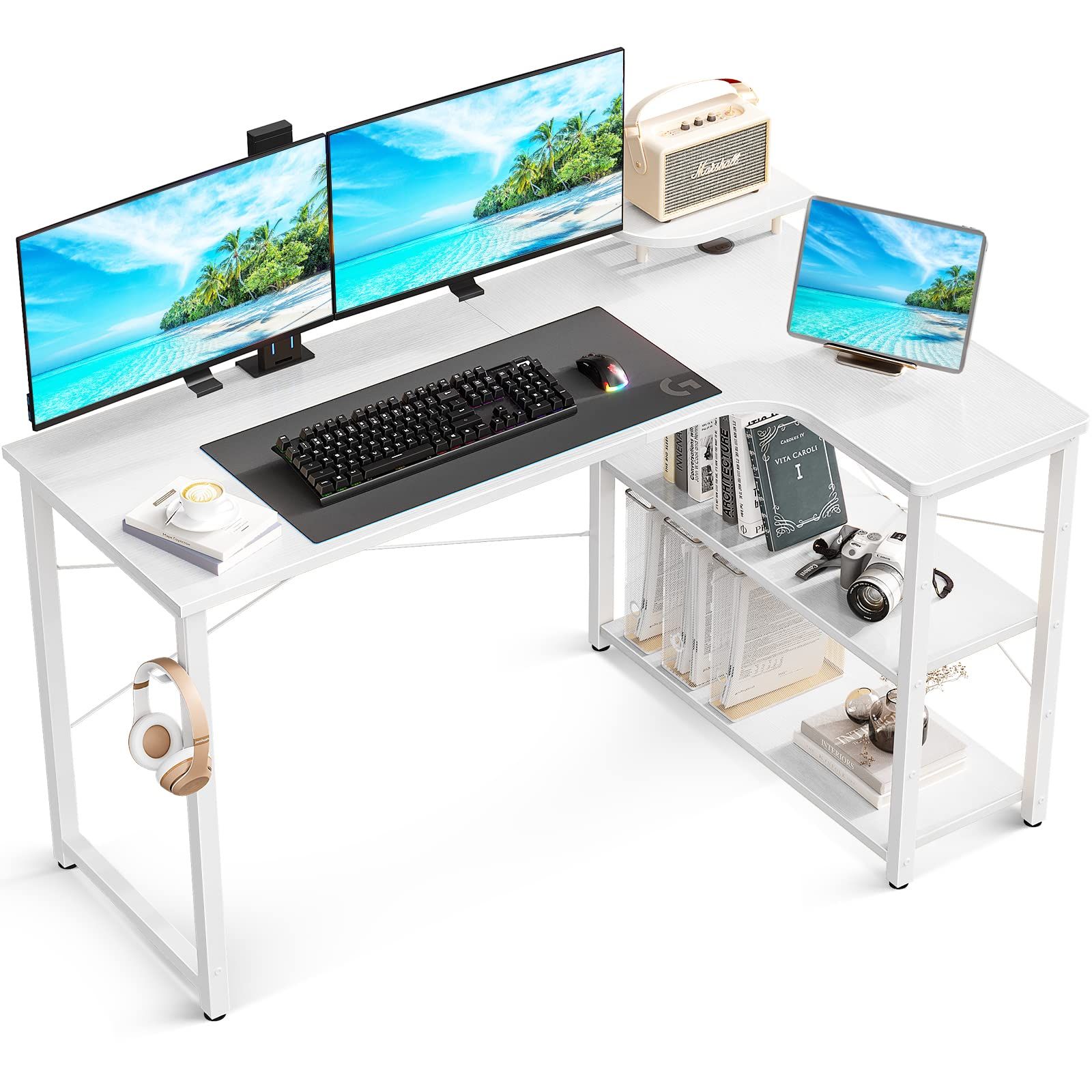ODK ゲーミングデスク l字 パソコンデスク 幅130 机 デスク desk 棚付き 在宅勤務 pcデスク 子 勉強机 L字型 組立簡単 ホワイト 右棚 1