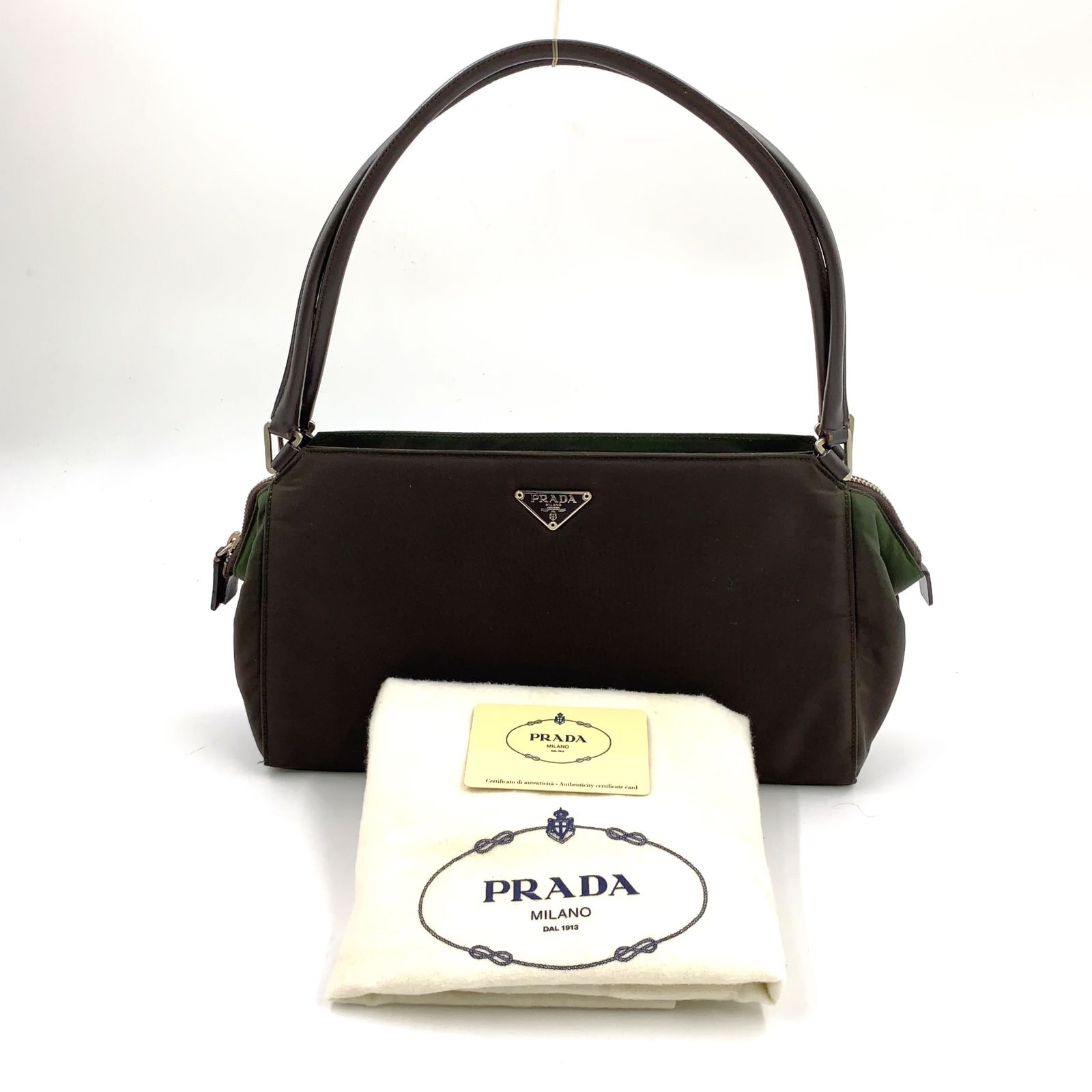 限定価格】PRADA 三角ロゴプレート レザー×ナイロン ブラウン