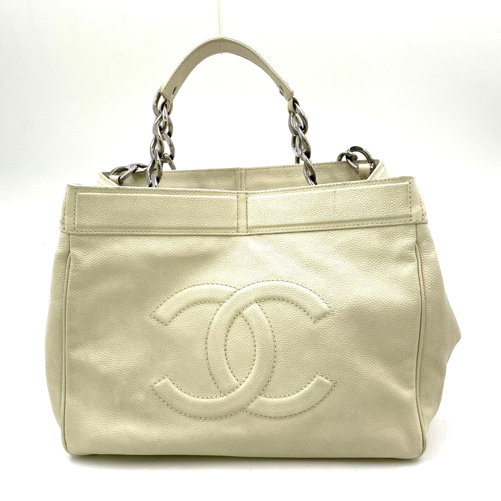 【限定価格】CHANEL ココマーク シリアル番号10番台 キャビアスキン オフホワイト チェーンハンドバッグ シルバー