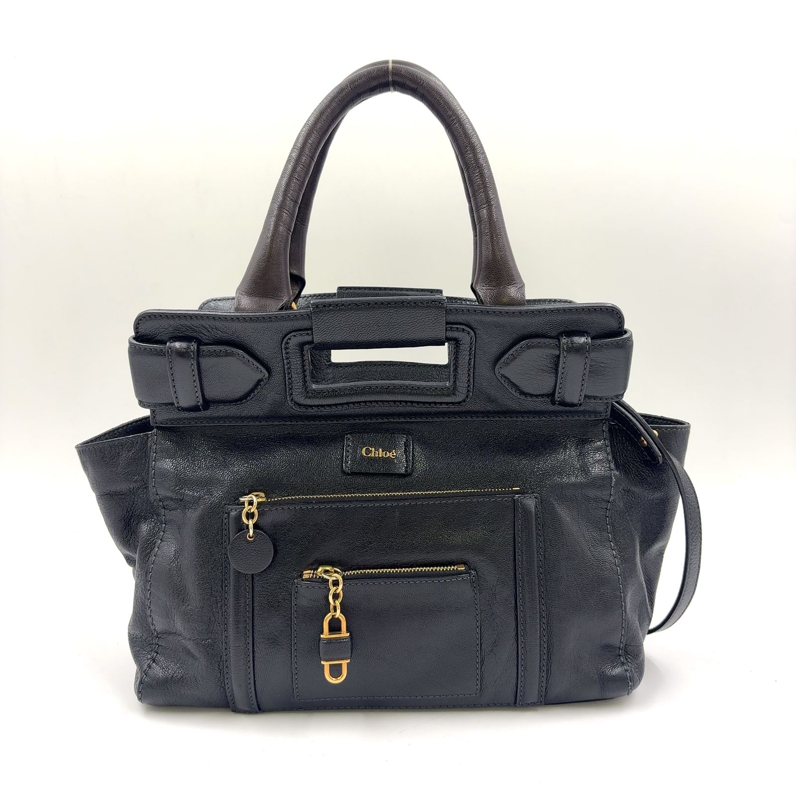 【限定価格】Chloe エクリプス ゴールドロゴ 2WAYショルダー レザー ブラック ハンドバッグ ゴールド