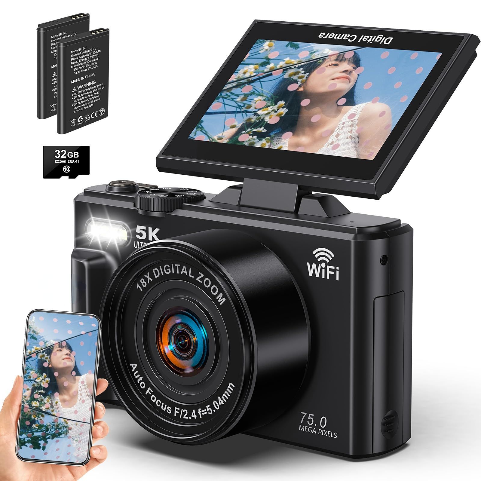 Beho デジカメ 7500万画素 5K録画 デジタルカメラ スマホに送れる Wi 