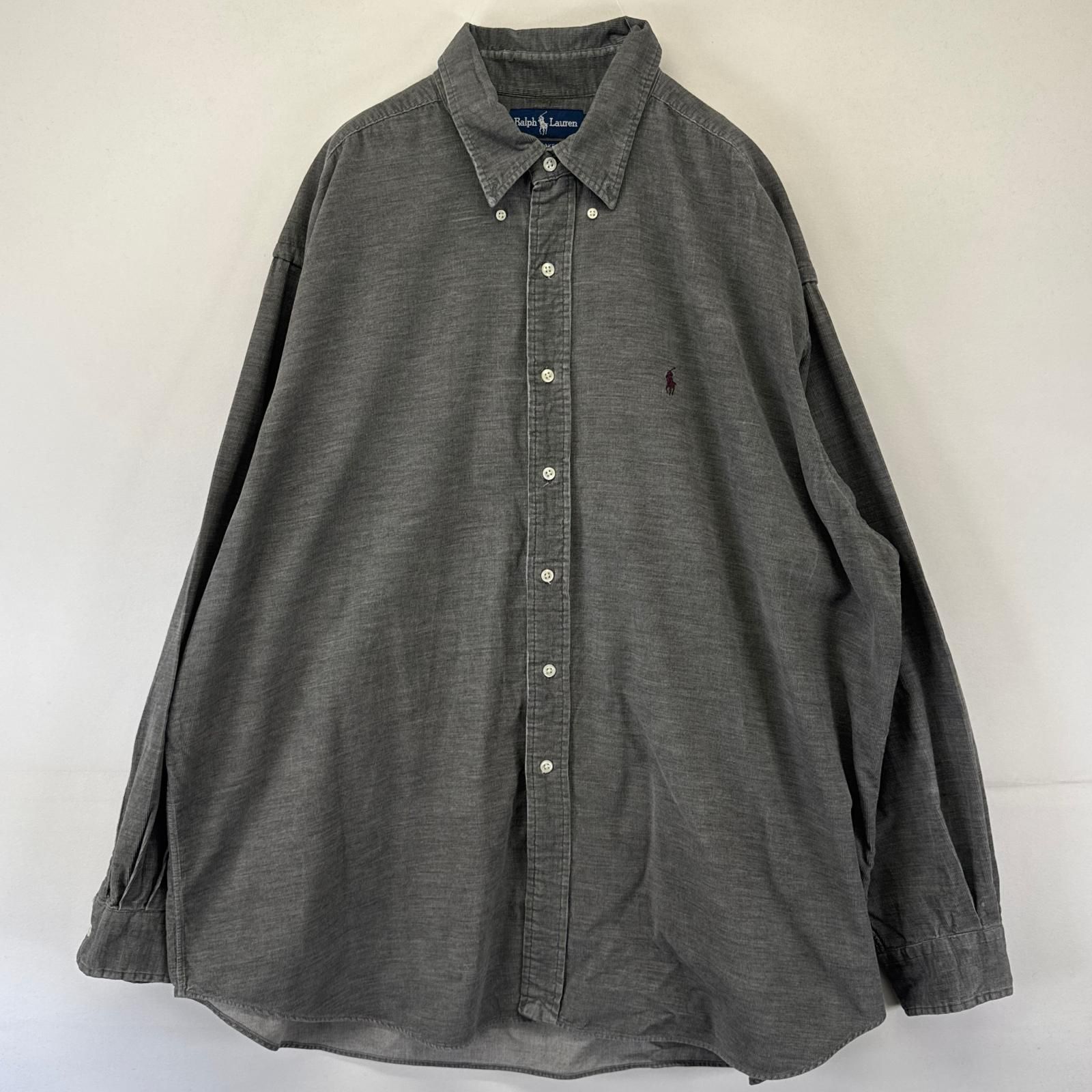 古着 ラルフローレン RALPH LAUREN コーデュロイ 長袖シャツ ボタンダウン ワンポイントロゴ 刺繍 大きいサイズ 2XL グレー系 メンズ