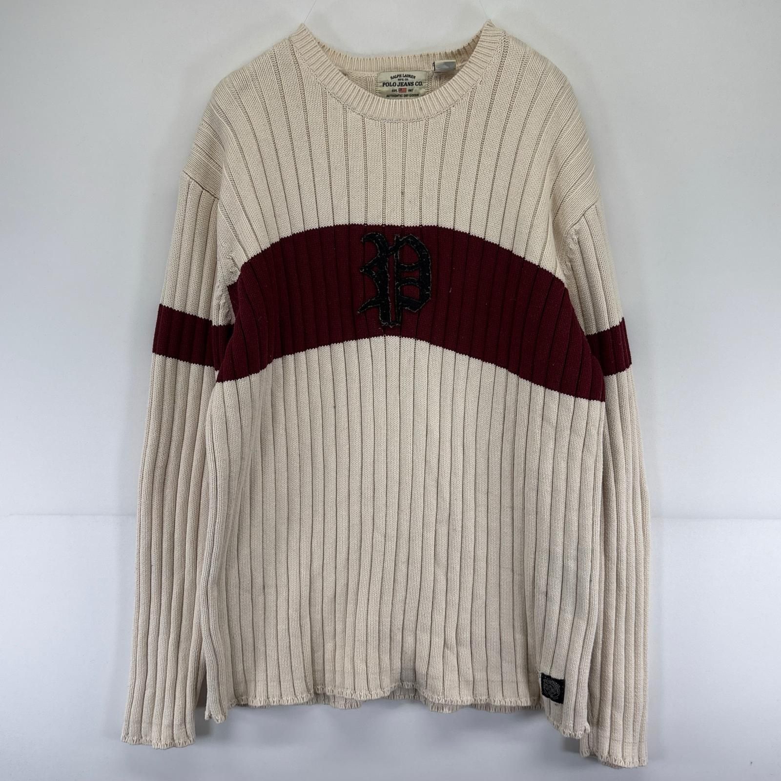 古着 ポロジーンズ Polo Jeans ニット セーター ワンポイントロゴ 大きいサイズ ラルフローレン 2XL ホワイト系 メンズ