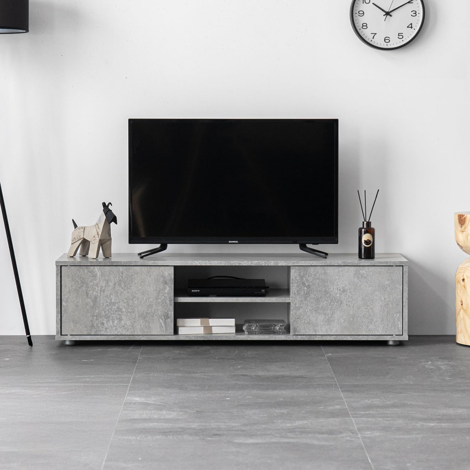 モダンデコ テレビ台 32-50型 対応 120cm幅 モルタルグレー ローボード ワイド 収納 脚付き 幅120×奥行き35×高さ29.5cm 耐荷重29kg TV台 木製 ロータイプ リビング (モルタルグレー, 120サイズ)ｍａ
