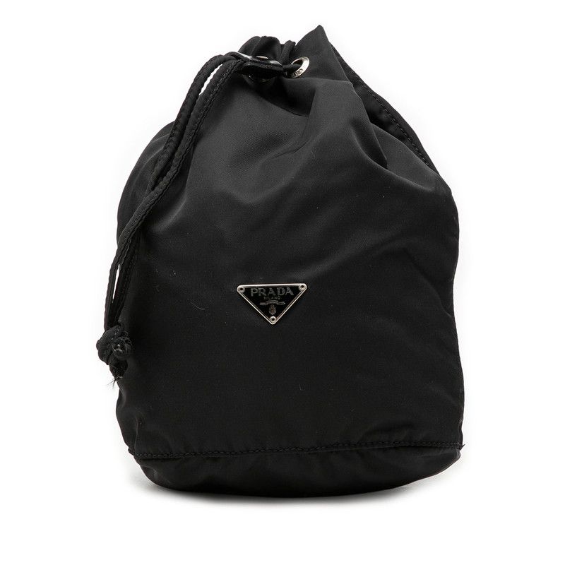 プラダ 三角ロゴプレート 巾着ポーチ 小物入れ ブラック ナイロン レディース PRADA【247-70306】