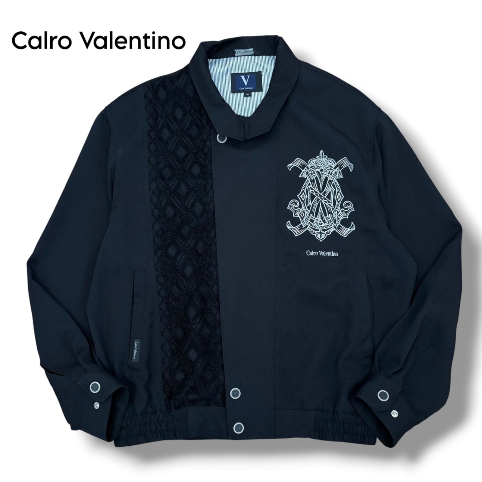 【Calro Valentino】レース切替 エンブレム刺繍 ブルゾン ジャケット 黒 M