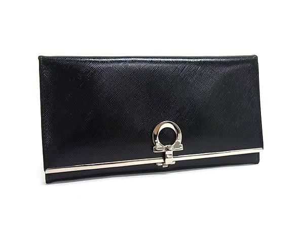 SALVATORE FERRAGAMO フェラガモ 長財布 ガンチーニ IK-22 4633 ブラック系 パテントレザー レディース 二つ折り シルバー金具 美品