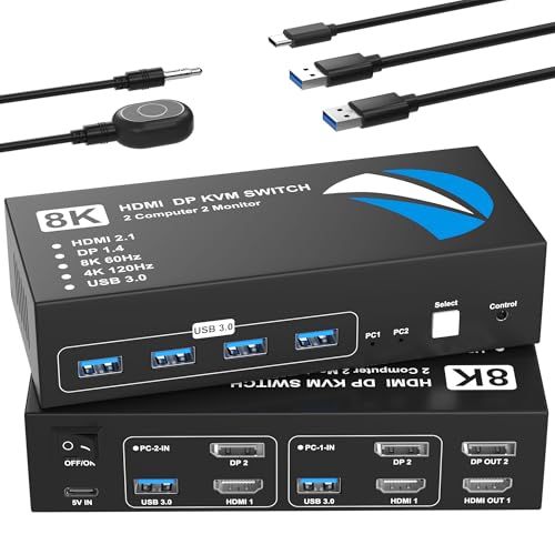 8K@60Hz HDMI+DisplayPort KVMスイッチ 2入力2出力 パソコン2台モニター2台切り替え KVM 切替器 デュアルモニター 5Gbps 4つのUSB 3.0ポート キーボード/マウス/プリンター/他のデバイス対応 パソ 6f70cec0