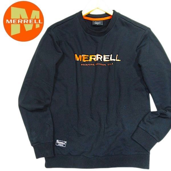 【M】新品 MERRELL メレル 綿100%使用 プリントロゴ プルオーバー トレーナー スウェット ブラック アウトドア