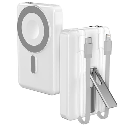 【コンパクト10000mAh& 大容量】 MagSafe対応 超薄型 マグネット式ワイヤレス 軽量 急速充電 LED残量表示 スタンド内蔵 2ケーブル内蔵 Type-Cとlightning Type-C外部ポート 機内持ち込み可 災害/旅行/ c702ed6e