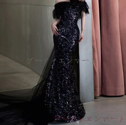 人気商品 ウエディングドレス ロングドレス ブラック 半袖 結婚式 前撮り キラキラ チュール ボリューム お洒落 可愛い 韓国 レディース vs518