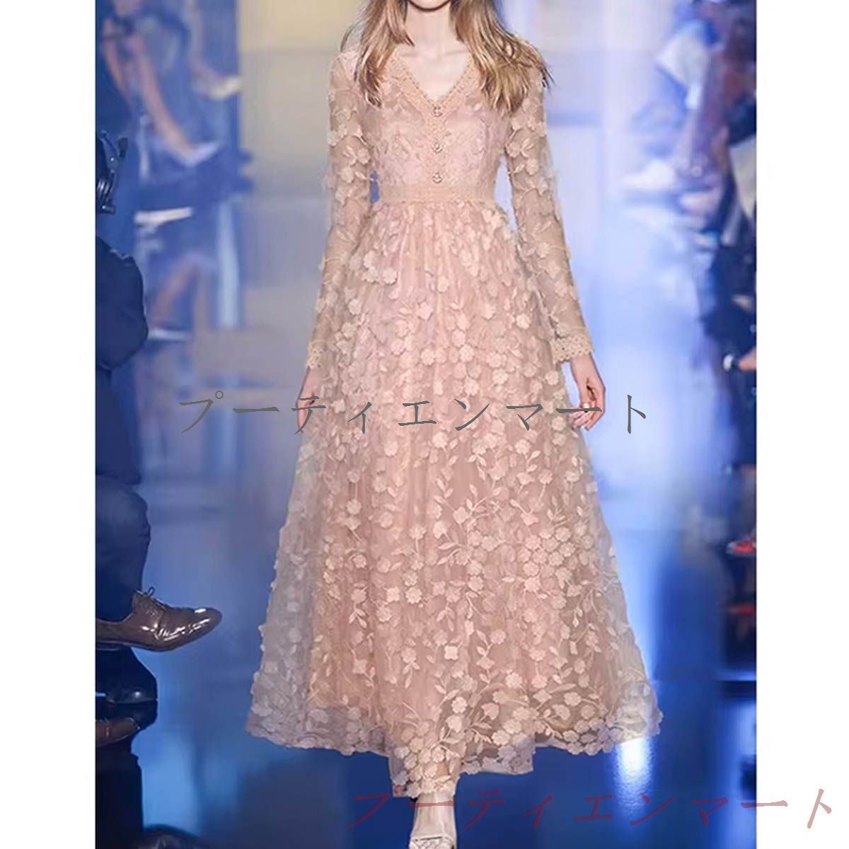 人気商品 結婚式 ワンピース パーティードレス ドレス ロング丈 ロング ピンク 花柄 袖あり 長袖 Vネック レース お呼ばれ 韓国 二次会 演奏会 ステージ衣装 フェミニン vs518