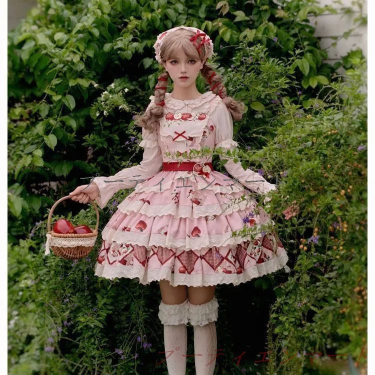 人気商品重工刺繍プリント リンゴ園テーマ ロリータスカート＆トップスセット 大フレアデザイン 秋用 双子コーデ対応 上品で可愛い 高品質 撮影用ドレス 推し活 パーティー衣装 仮装 イベント用 おしゃれで人気 プレゼントにも最適vs518