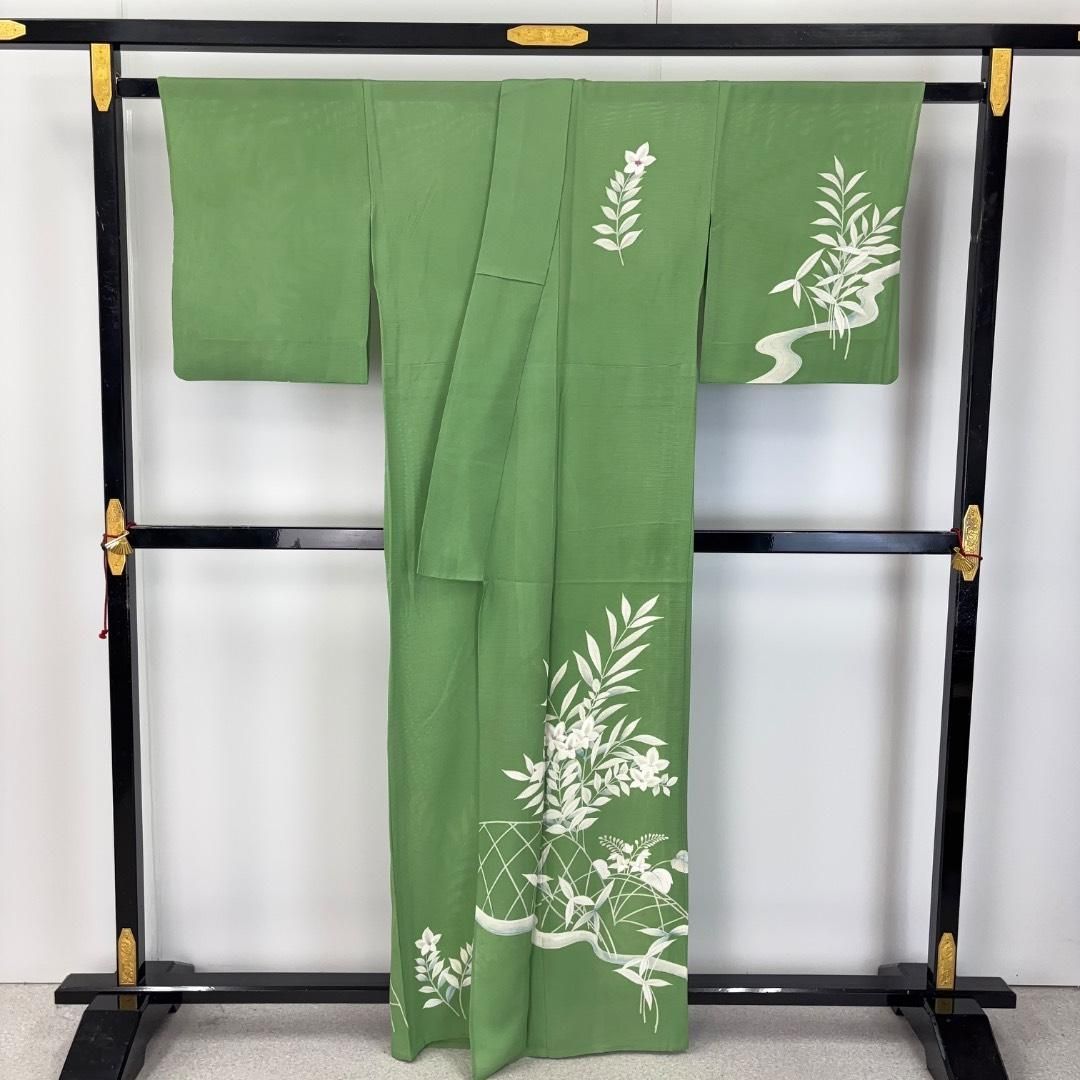 夏着物 付下げ 絽 花模様 鮮緑色 K-5984 - メルカリ
